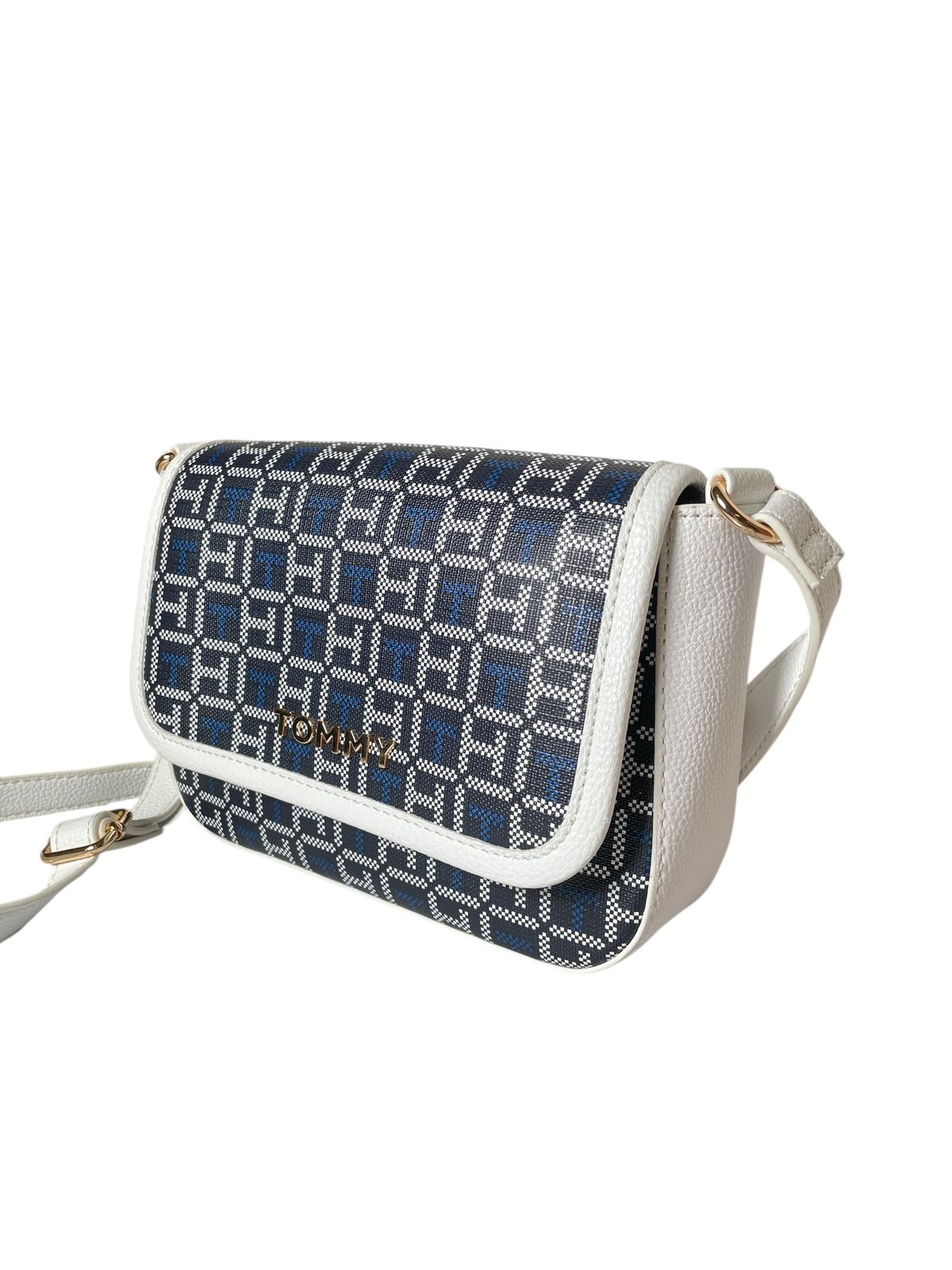 Bolsa crossbody Tommy Hilfiger blanca con monograma azul – Estilo que no pasa desapercibido