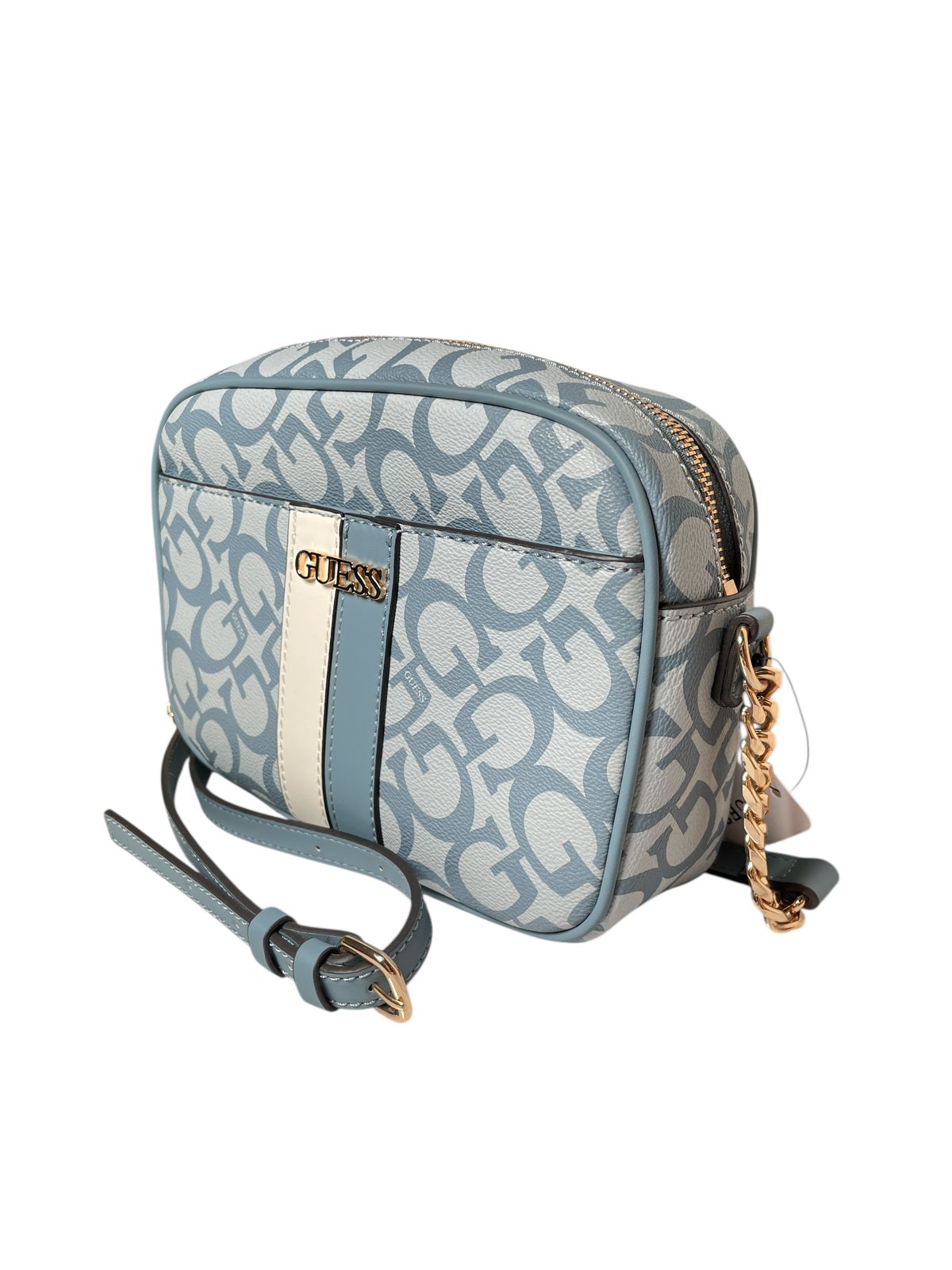 Bolsa GUESS Azul Estilo Camera Bag con Correa de Cadena – Estilo y Funcionalidad