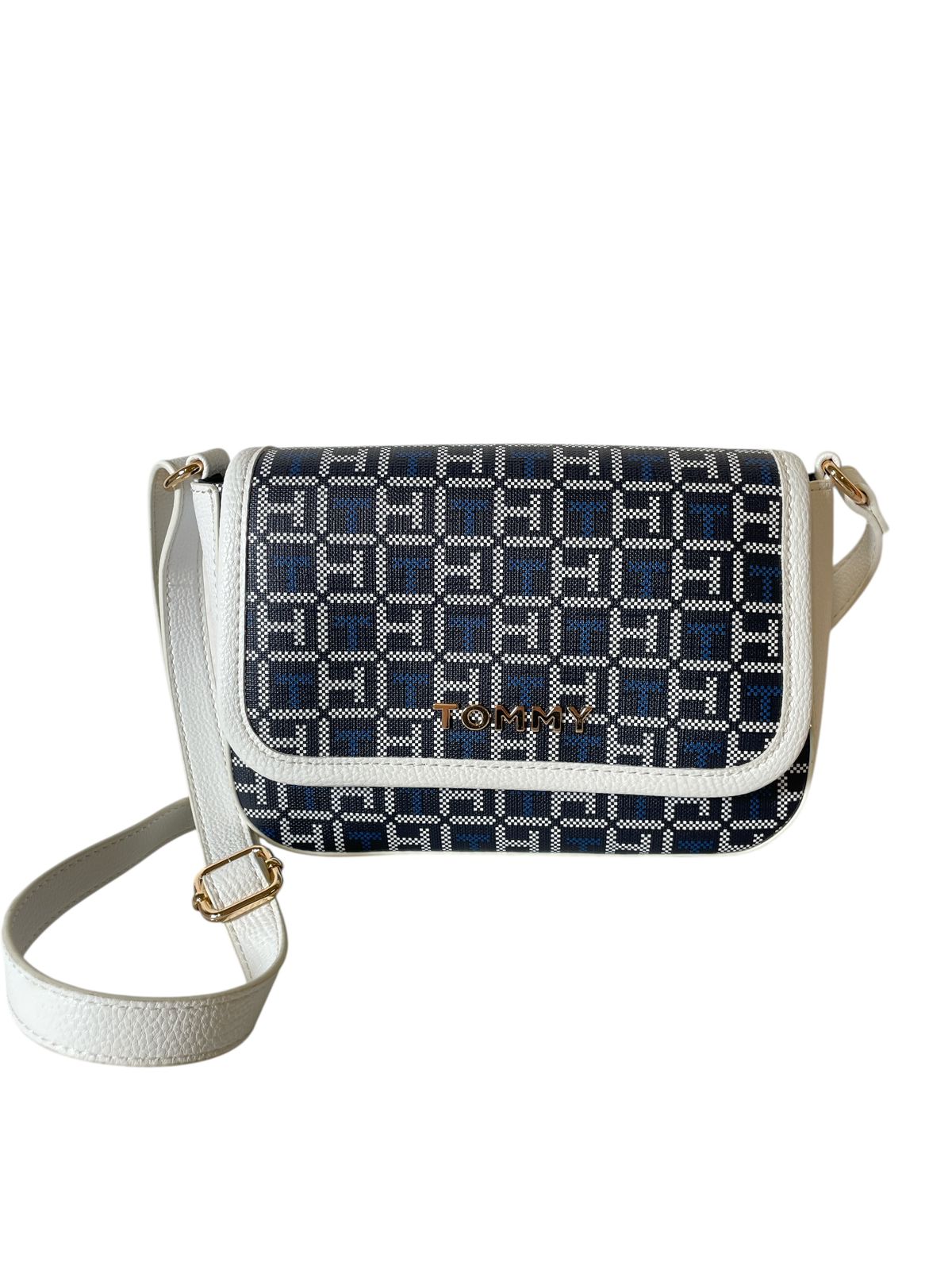 Bolsa crossbody Tommy Hilfiger blanca con monograma azul – Estilo que no pasa desapercibido